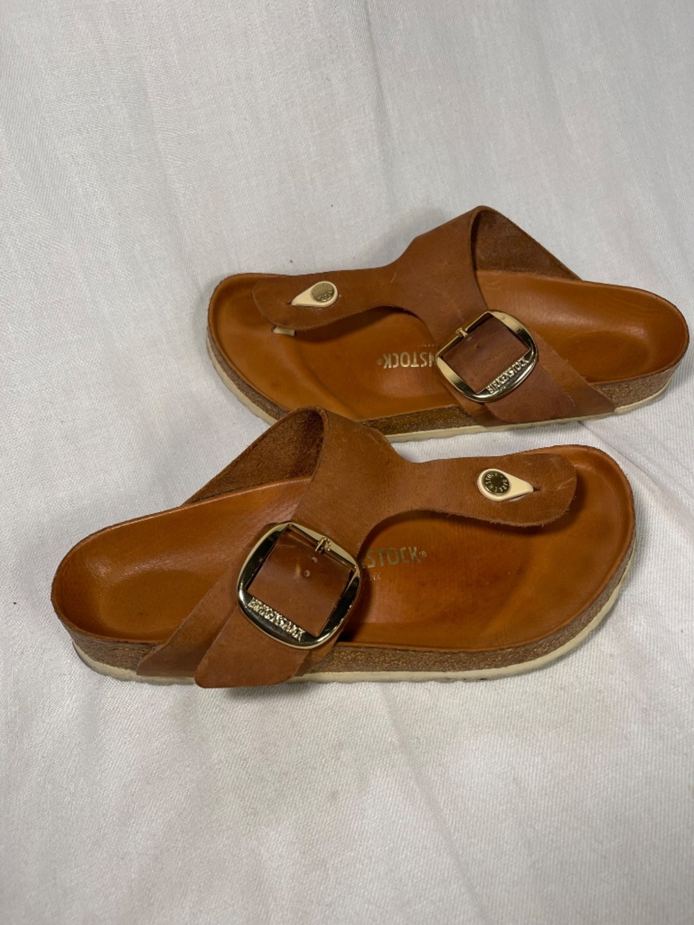 Birkenstock Cognac Brown Leather Thong Sandals with Gold Buckles